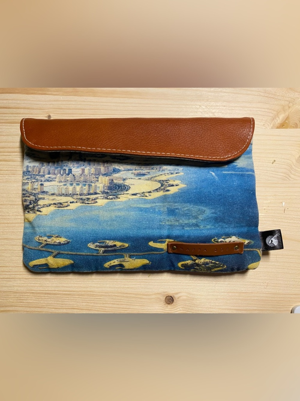 Blue Canvas Mini Foldover Clutch with Brown Leather Trim